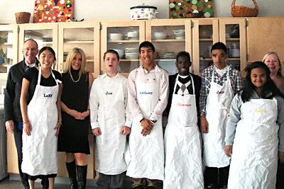 Denise Klein’s life skills students at East Hampton High School, wearing aprons donated by Ina Garten, left to right, John Coughlin, LeMy Hoang, Denise Klein, Joseph Hodgens, Anthony Palacios, Chevanne Dwayne Allen, Juan Lazo, Jennifer Brito, and Debbie McIntyre.