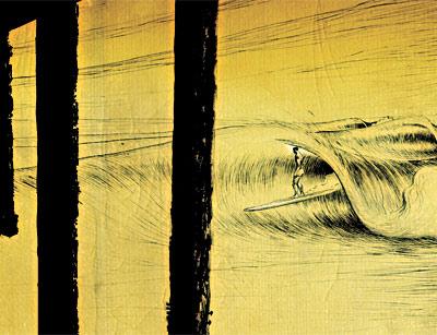Nick Gabaldon rode his last wave toward the Malibu Pier in 1951. This scrimshaw rendering of the event was made by Peter Spacek of East Hampton and appears in the online documentary “12 Miles North — the Story of Nick Gabaldon.” Nick Gabaldon rode his last wave toward the Malibu Pier in 1951. This scrimshaw rendering of the event was made by Peter Spacek of East Hampton and appears in the online documentary “12 Miles North — the Story of Nick Gabaldon.”