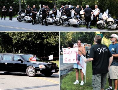 During Vice President Joe Biden’s fund-raising visit to Bridgehampton Friday, top, Suffolk County police secured the site, while an Occupy protester’s flag was displayed upside-down.