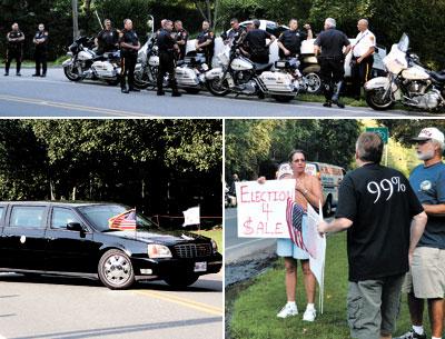 During Vice President Joe Biden’s fund-raising visit to Bridgehampton Friday, top, Suffolk County police secured the site, while an Occupy protester’s flag was displayed upside-down. During Vice President Joe Biden’s fund-raising visit to Bridgehampton Friday, top, Suffolk County police secured the site, while an Occupy protester’s flag was displayed upside-down.