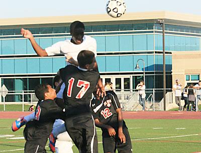 Donte Donegal’s header, above, was one of three chances East Hampton had in the first half of the Bayport game that hit the posts. Donte Donegal’s header, above, was one of three chances East Hampton had in the first half of the Bayport game that hit the posts.