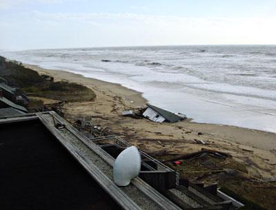 A food-service building on the beach at Gurney’s Inn in Montauk was lost to Hurricane Sandy’s raging assault. A food-service building on the beach at Gurney’s Inn in Montauk was lost to Hurricane Sandy’s raging assault.