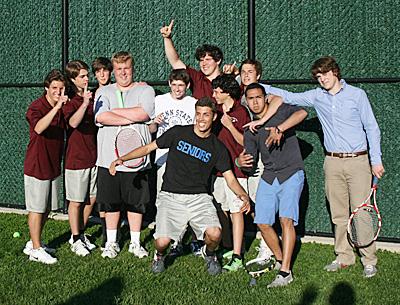 East Hampton’s boys tennis team, celebrating its 4-3 win here over Ross on May 1, defeated all its league opponents save Westhampton Beach.