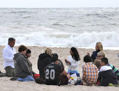 Brian Smith’s sixth-grade science classes from the East Hampton Middle School joined educators from the Group for the East End at Egypt Beach on Oct. 9 to investigate wave action, biodiversity, and the physical properties of local sand. Brian Smith’s sixth-grade science classes from the East Hampton Middle School joined educators from the Group for the East End at Egypt Beach on Oct. 9 to investigate wave action, biodiversity, and the physical properties of local sand.