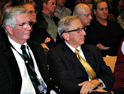 Peter Kirsch, right, the town’s aviation attorney, photographed earlier this year, said new legal developments could affect East Hampton Town’s options for regulating its airport. Jim Brundige, the East Hampton Airport manager, is at left. Peter Kirsch, right, the town’s aviation attorney, photographed earlier this year, said new legal developments could affect East Hampton Town’s options for regulating its airport. Jim Brundige, the East Hampton Airport manager, is at left.