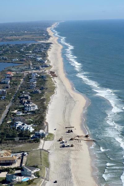 An aerial view of the $25 million Southampton beach restoration that began last fall at Flying Point Beach in Water Mill and is now nearing completion at Town Line Road in Sagaponack. An aerial view of the $25 million Southampton beach restoration that began last fall at Flying Point Beach in Water Mill and is now nearing completion at Town Line Road in Sagaponack.