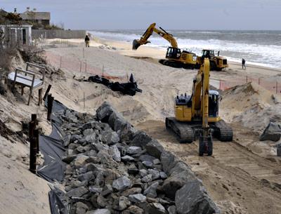 The controversial construction of a rock revetment on the beach in front of 11 West End Road in East Hampton resumed last week. The controversial construction of a rock revetment on the beach in front of 11 West End Road in East Hampton resumed last week.