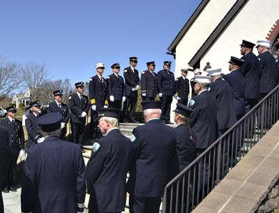 Members of the Montauk Fire Department lined the stairs to St. Therese of Lisieux Catholic Church Sunday during an ecumenical memorial service that is the first of many 75th anniversary events planned this year. Members of the Montauk Fire Department lined the stairs to St. Therese of Lisieux Catholic Church Sunday during an ecumenical memorial service that is the first of many 75th anniversary events planned this year.