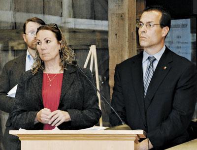 Steve Couch, at rear, and Anthony Ciorra of the Army Corps of Engineers and Sue McCormick of the state’s Department of Environmental Conservation laid out plans for the downtown Montauk beachfront. Steve Couch, at rear, and Anthony Ciorra of the Army Corps of Engineers and Sue McCormick of the state’s Department of Environmental Conservation laid out plans for the downtown Montauk beachfront.
