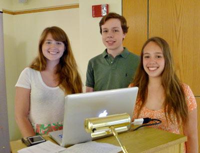 Daisy Kelly, left, Conrad Kabbaz, and Serrana Mattiauda, interns with the Third House Nature Center, talked about the health and environs of Big Reed Pond in Montauk on Friday. Daisy Kelly, left, Conrad Kabbaz, and Serrana Mattiauda, interns with the Third House Nature Center, talked about the health and environs of Big Reed Pond in Montauk on Friday.