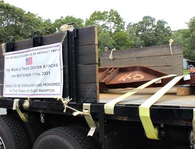 A truck delivered a steel beam from the World Trade Center to the American Legion Hall in Amagansett on Aug. 13. A truck delivered a steel beam from the World Trade Center to the American Legion Hall in Amagansett on Aug. 13.