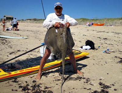 Fishing off Ditch Plain from his stand-up paddleboard, David Schleifer hooked this 40-pound ray. Fishing off Ditch Plain from his stand-up paddleboard, David Schleifer hooked this 40-pound ray.