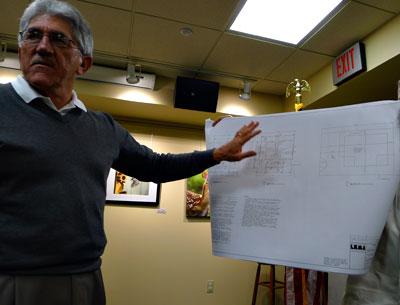 East Hampton Town Supervisor Larry Cantwell displayed a blueprint for a public restroom to be constructed in the parking lot behind the Amagansett Library at that hamlet’s citizens advisory committee meeting on Monday. East Hampton Town Supervisor Larry Cantwell displayed a blueprint for a public restroom to be constructed in the parking lot behind the Amagansett Library at that hamlet’s citizens advisory committee meeting on Monday.