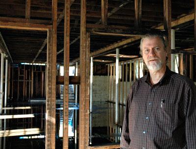 The Rev. Steven Howarth stood in the burned-out basement of Scoville Hall last month. The building, destroyed by fire in 2011, was demolished on Tuesday. The Rev. Steven Howarth stood in the burned-out basement of Scoville Hall last month. The building, destroyed by fire in 2011, was demolished on Tuesday.