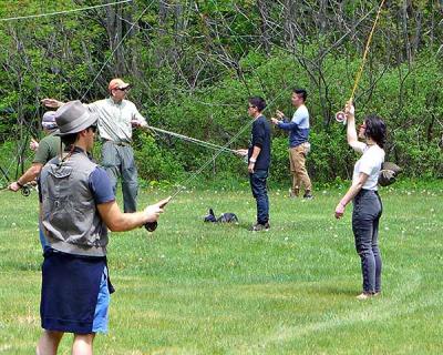 Neophyte fly casters practiced the basics during a clinic in Roscoe, N.Y., on Monday. Neophyte fly casters practiced the basics during a clinic in Roscoe, N.Y., on Monday.