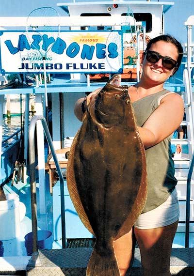 Annalee Ficorilli caught this eight-pound fluke a week ago while fishing on the Lazy Bones out of Montauk. Annalee Ficorilli caught this eight-pound fluke a week ago while fishing on the Lazy Bones out of Montauk.