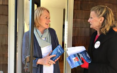 Margaret Turner, right, one of the Republican candidates for East Hampton Town Board, spent Monday afternoon speaking to residents about her platform. Margaret Turner, right, one of the Republican candidates for East Hampton Town Board, spent Monday afternoon speaking to residents about her platform.