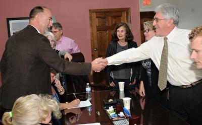 Their re-election assured, Councilman Peter Van Scoyoc and Supervisor Larry Cantwell congratulated each other on Tuesday night. Their re-election assured, Councilman Peter Van Scoyoc and Supervisor Larry Cantwell congratulated each other on Tuesday night.