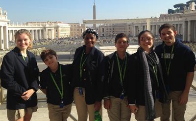 From left, Isabelle Rowe, Kely Archambault, Kwazi Nkomo, Diego Vanegas, Shanshan He, and Malik Basnight delivered a presentation on environmental sustainability at the Pontifical Academy of Sciences in Vatican City.