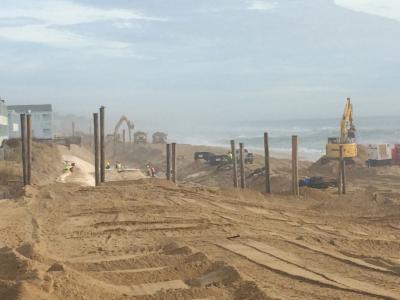 Work continues on the Army Corps of Engineers’ project on the downtown Montauk beach, where a sandbag seawall is taking shape.