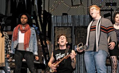Ciara Bowen, left, Nick Pucci, and Gage Reimboth-Lynch got into character during rehearsals for East Hampton High School’s production of the rock opera “Rent.” Ciara Bowen, left, Nick Pucci, and Gage Reimboth-Lynch got into character during rehearsals for East Hampton High School’s production of the rock opera “Rent.”