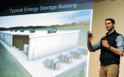 Clint Plummer described aspects of his company’s proposed offshore wind farm on Saturday. Clint Plummer described aspects of his company’s proposed offshore wind farm on Saturday.