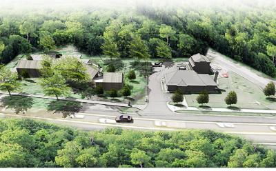 An architectural rendering shows the buildings proposed for the corner of Sayre’s Path and Montauk Highway in Wainscott. They would replace two 1950s-era model homes on the property now. An architectural rendering shows the buildings proposed for the corner of Sayre’s Path and Montauk Highway in Wainscott. They would replace two 1950s-era model homes on the property now.