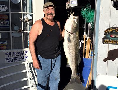 Wind made fishing tough this week, but Mike Manzare managed to catch a 38-pound striper in the bay. Wind made fishing tough this week, but Mike Manzare managed to catch a 38-pound striper in the bay.