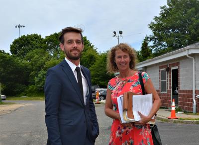 Julien Bizalion, director of operations at the Surf Lodge, with Tina Piette, the attorney who represented the resort in East Hampton Town Justice Court, where five noise violation charges were dismissed Monday. Julien Bizalion, director of operations at the Surf Lodge, with Tina Piette, the attorney who represented the resort in East Hampton Town Justice Court, where five noise violation charges were dismissed Monday.
