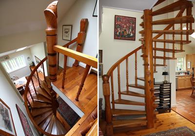 From left: The newel post at the second floor landing shows Hans Hokanson’s chiseling and carving skill. The whole staircase can be seen in the round now that a wall between the living room and kitchen was removed.