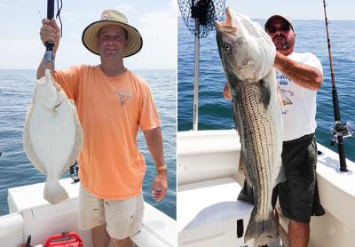 Capt. Tom Federico, right, hauled in this striper by Great Eastern Rock on Aug. 9 fishing aboard his boat, the Surfmaster. It was 46 inches long and weighed between 35 and 40 pounds. Capt. Tom Federico, right, hauled in this striper by Great Eastern Rock on Aug. 9 fishing aboard his boat, the Surfmaster. It was 46 inches long and weighed between 35 and 40 pounds.