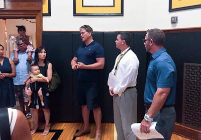 Jeff Mansfield, center, a Bridgehampton School Board member, made the case for school expansion during a Sept. 14 community forum. Jeff Mansfield, center, a Bridgehampton School Board member, made the case for school expansion during a Sept. 14 community forum.