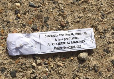 Literature advertising white supremacist groups, such as this flier directing people to the WhiteNewYork.org website and a Ku Klux Klan flier, turned up in East Hampton Town this week. Literature advertising white supremacist groups, such as this flier directing people to the WhiteNewYork.org website and a Ku Klux Klan flier, turned up in East Hampton Town this week.