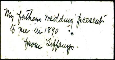 Carrie Milliken de Graff’s note on the back of her husand’s calling card identifies the Tiffany’s clock as a wedding gift from her father. Carrie Milliken de Graff’s note on the back of her husand’s calling card identifies the Tiffany’s clock as a wedding gift from her father.