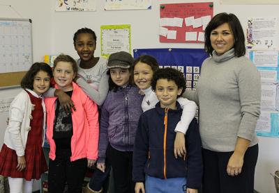 Hayground School students including, from left, Eve Achuthan-Kozar, Rive Weiner, Leslie Samuel, Felicia Franklin, Kodiak Tarrant-Papasadora, and Nico Pontecorvo, with their teacher, Julie Fanelli-Denny, earned recognition for their health-related inventions.
