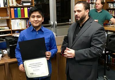 Kevin Chabla, a regional Scripps Spelling Bee runner-up, with Eric Casale, the Springs School principal Kevin Chabla, a regional Scripps Spelling Bee runner-up, with Eric Casale, the Springs School principal
