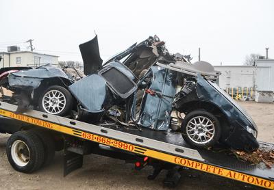 This 1999 Acura was left a mangled mess after an alleged drunken-driving crash in Montauk around 6 p.m. on Sunday. It was the only car involved in the accident. This 1999 Acura was left a mangled mess after an alleged drunken-driving crash in Montauk around 6 p.m. on Sunday. It was the only car involved in the accident.
