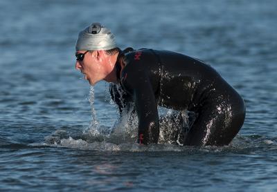 Matt Watson, the Montauk Lighthouse sprint triathlon’s ultimate winner, was first out of the half-mile swim, in 10 minutes and 36 seconds. Matt Watson, the Montauk Lighthouse sprint triathlon’s ultimate winner, was first out of the half-mile swim, in 10 minutes and 36 seconds.