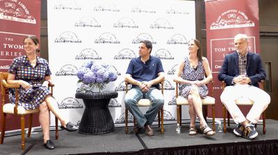 Amy Zavatto of the Long Island Merlot Alliance, left, interviewed the winemakers Kareem Massoud of Paumanok Vineyards, Kelly Urbanik Koch of Macari Vineyards, and Roman Roth of Wolffer Estate Vineyards last Thursday at the East Hampton Library. Amy Zavatto of the Long Island Merlot Alliance, left, interviewed the winemakers Kareem Massoud of Paumanok Vineyards, Kelly Urbanik Koch of Macari Vineyards, and Roman Roth of Wolffer Estate Vineyards last Thursday at the East Hampton Library.