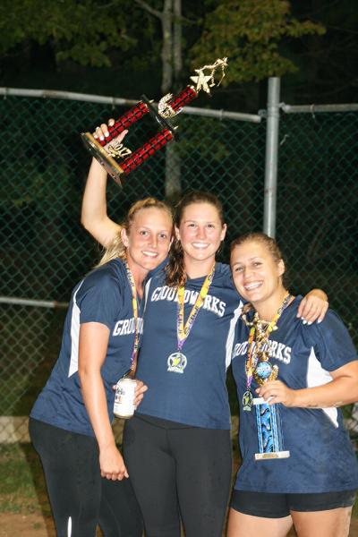 A trio of Groundworks’ young players, Casey Brooks, Thea Grenci, and Erica Silich, celebrated last week following the team’s sweep of Schenck Fuels in the final. A trio of Groundworks’ young players, Casey Brooks, Thea Grenci, and Erica Silich, celebrated last week following the team’s sweep of Schenck Fuels in the final.