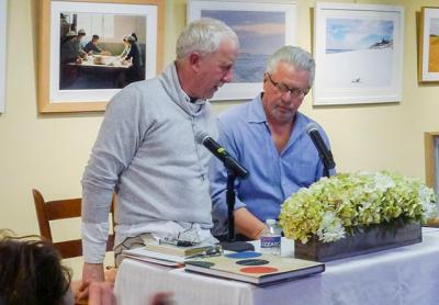 Randy Lerner and Dan Rizzie discussed the latter’s artwork at the Amagansett Library. Randy Lerner and Dan Rizzie discussed the latter’s artwork at the Amagansett Library.
