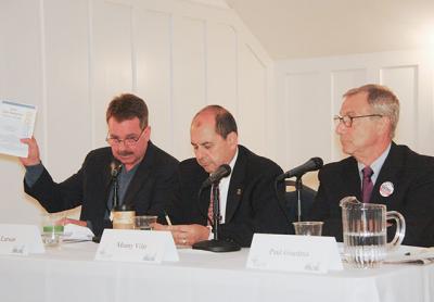 Jerry Larsen, left, Manny Vilar, center, and Paul Giardina, Republican candidates, discussed environmental issues at Scoville Hall last Thursday in a forum sponsored by Concerned Citizens of Montauk and the New York League of Conservation Voters Education Fund. Jerry Larsen, left, Manny Vilar, center, and Paul Giardina, Republican candidates, discussed environmental issues at Scoville Hall last Thursday in a forum sponsored by Concerned Citizens of Montauk and the New York League of Conservation Voters Education Fund.