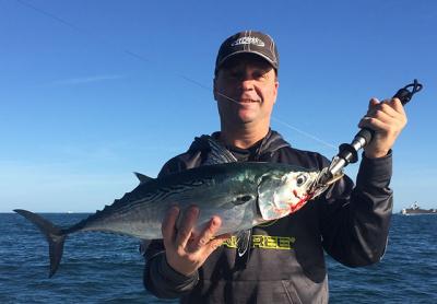False albacore remain thick in local waters. Michael Larson of Montauk caught this one near the Lighthouse this week.