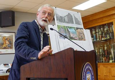 Richard Barons told the East Hampton Village Board that the Dominy clock and woodworking shops will provide important educational opportunities when they are returned to their original location on North Main Street. Richard Barons told the East Hampton Village Board that the Dominy clock and woodworking shops will provide important educational opportunities when they are returned to their original location on North Main Street.