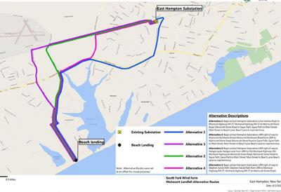 Deepwater Wind’s recent presentation included a map detailing four possible routes for the South Fork Wind Farm’s cable after a proposed landing at Beach Lane in Wainscott. Deepwater Wind’s recent presentation included a map detailing four possible routes for the South Fork Wind Farm’s cable after a proposed landing at Beach Lane in Wainscott.