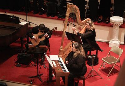 Some of the featured artists at this year’s Choral Society of the Hamptons winter concert included, clockwise from left, Vilian Ivantchev on guitar, Margery Fitts on harp, and Christine Cadarette on piano and portative organ.