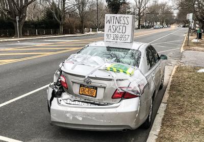 The owner of this car believes a town employee crashed a large snow blower into its rear, causing extensive damage, and is hoping a witness will come forward. The owner of this car believes a town employee crashed a large snow blower into its rear, causing extensive damage, and is hoping a witness will come forward.