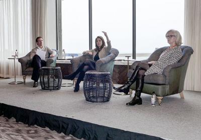 Stephanie Diamond of Schwab Charitable, a donor-advised fund, speaking, with Andrew Stern of YorkBridge Wealth Partners in Bridgehampton and Loretta Davis, the executive director of the Retreat domestic violence programs, at a business leaders’ conference held at Gurney’s Resort in Montauk on Monday. Stephanie Diamond of Schwab Charitable, a donor-advised fund, speaking, with Andrew Stern of YorkBridge Wealth Partners in Bridgehampton and Loretta Davis, the executive director of the Retreat domestic violence programs, at a business leaders’ conference held at Gurney’s Resort in Montauk on Monday.