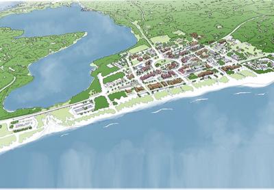 Consultants working on hamlet plans for East Hampton Town envision a downtown Montauk in which businesses have relocated landward from breach areas and filled in gaps in present development, while beaches and dunes are rebuilt. Dodson and Flinker, L.K. McLean Associates, RKG Associates, Fine Arts and Sciences Consultants working on hamlet plans for East Hampton Town envision a downtown Montauk in which businesses have relocated landward from breach areas and filled in gaps in present development, while beaches and dunes are rebuilt. Dodson and Flinker, L.K. McLean Associates, RKG Associates, Fine Arts and Sciences