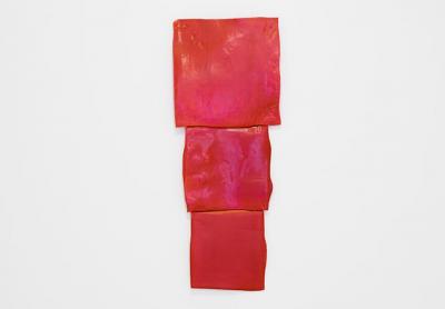 "Red Metric" is a glazed clay piece from 2015. "A Row of Cups and Saucers," below, from 2017, also demonstrates the artist's continued engagement with ceramics.